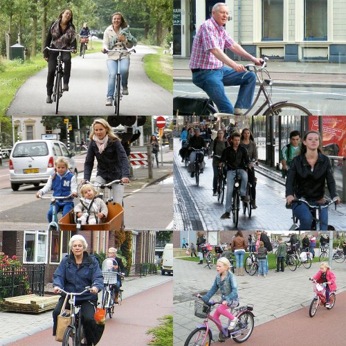 Sechs Fotos von niederländischen Radler, von junger Kinder bis ältere Menschen, alle fahren angenehm mit dem Rad, in sicherheit.