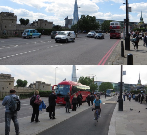 1 Tower Hill, London, vor und nach der Installation des Radwegs