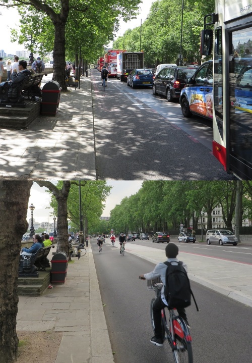11 Victoria Embankment, London, vor und nach der Installation des Radwegs