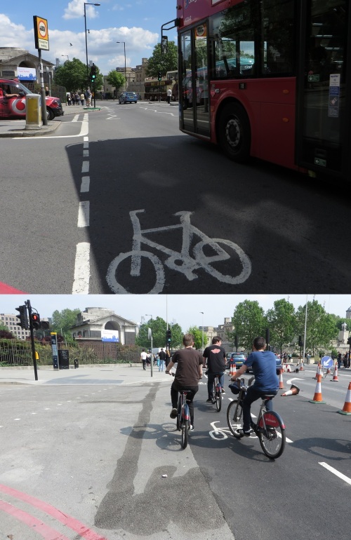 14 Trinity Square, London, vor und nach der Installation des Radwegs