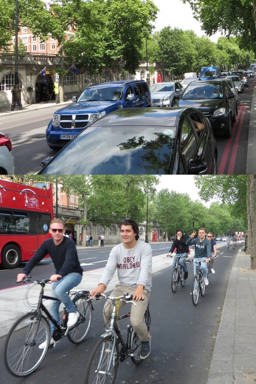 15 Victoria Embankment, London, vor und nach der Installation des Radwegs