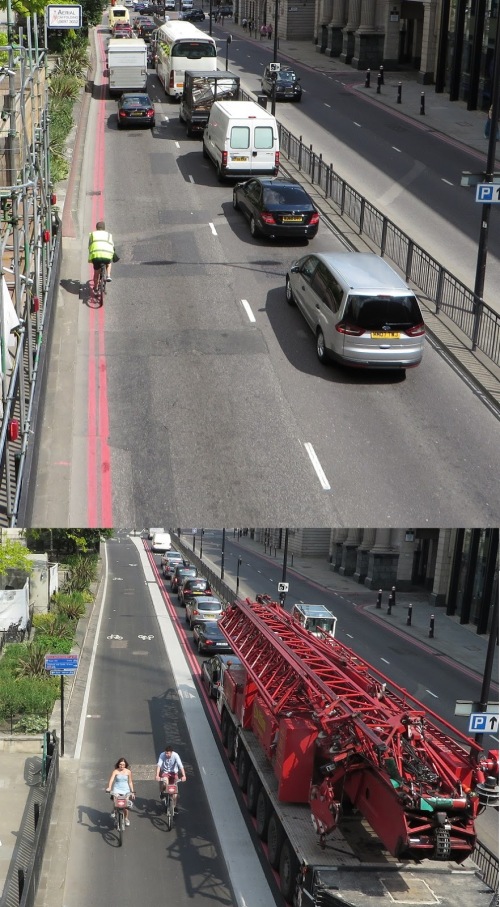19 Lower Thames Street, London, vor und nach der Installation des Radwegs
