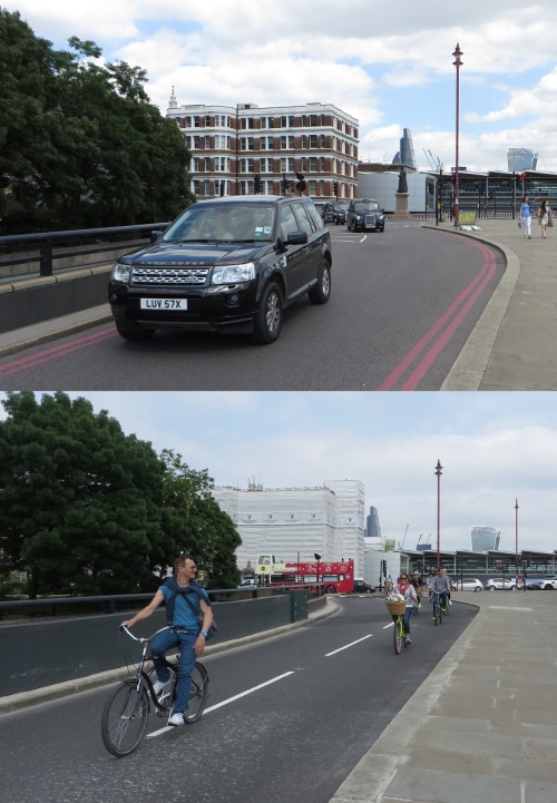 20 Blackfriars Bridge, London, vor und nach der Installation des Radwegs