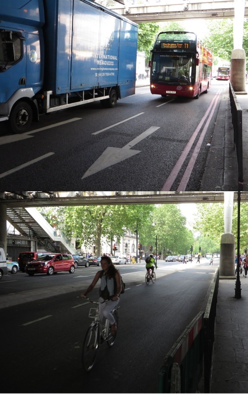 21 Embankment Station, London, vor und nach der Installation des Radwegs
